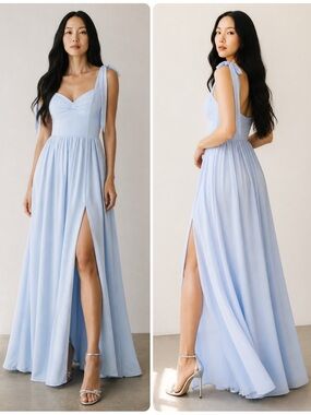 Lulus Charisma Light Blue Chiffon Ruched Tie-Strap Gown Maxi Dress NWT